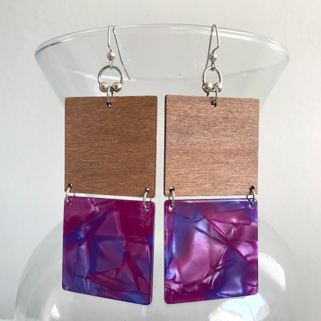 Wood N Purple Marble Design Square Earrings